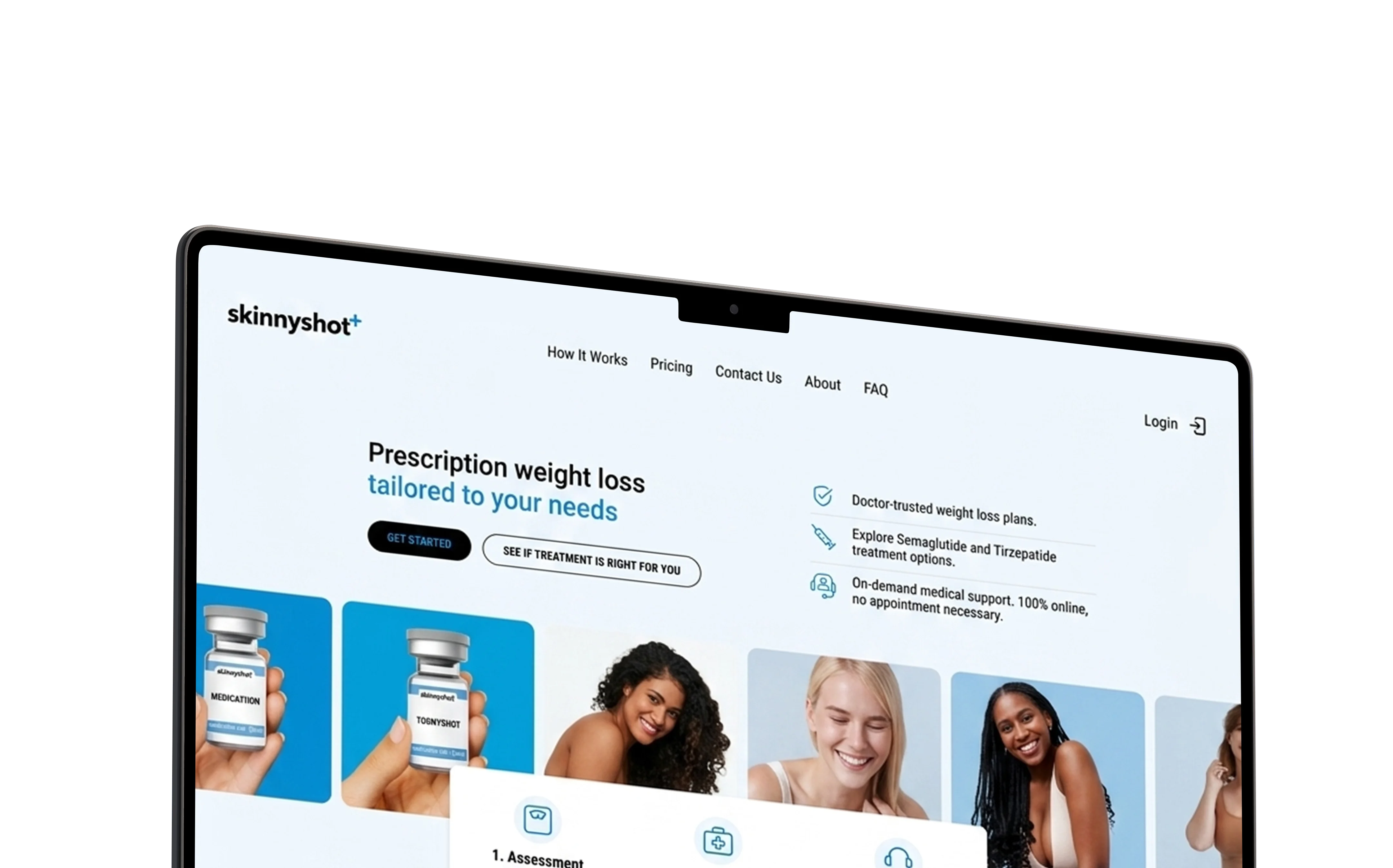 Angled laptop showing the Skinny Shot MD weight loss treatment website with online care content