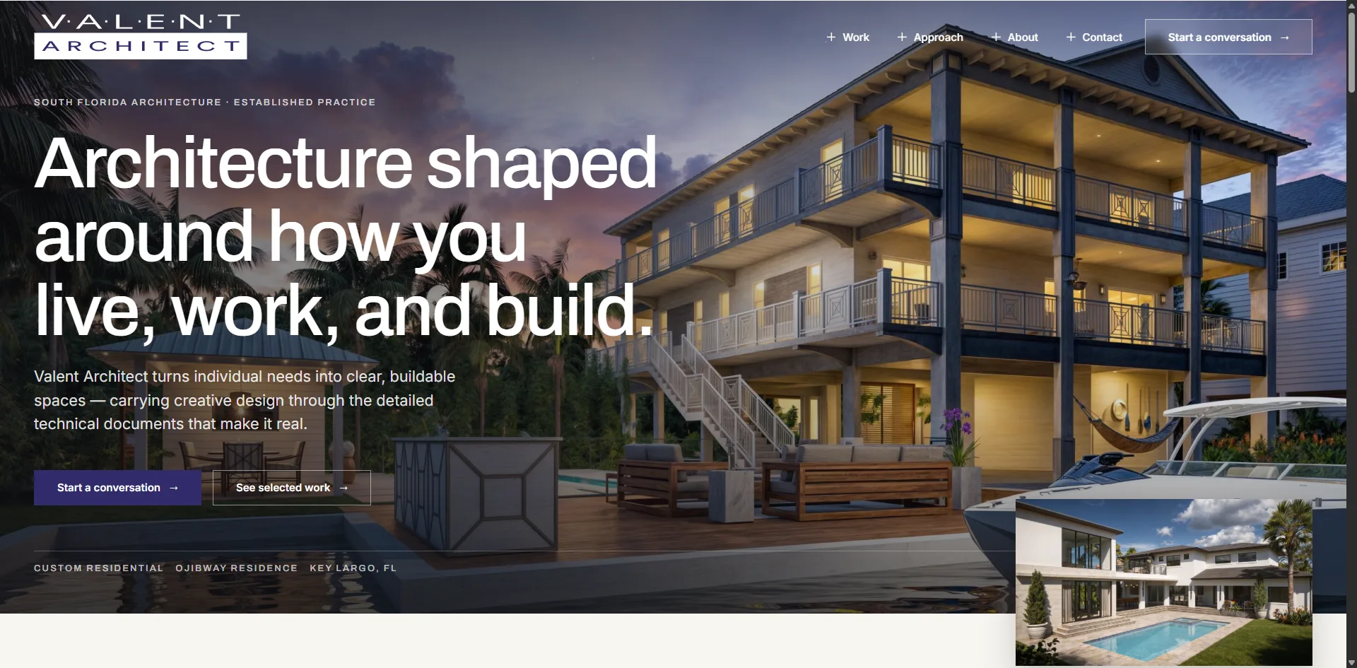 The Valent Architect homepage: the Ojibway Residence lit at dusk over its pool deck, behind the headline Architecture shaped around how you live, work, and build