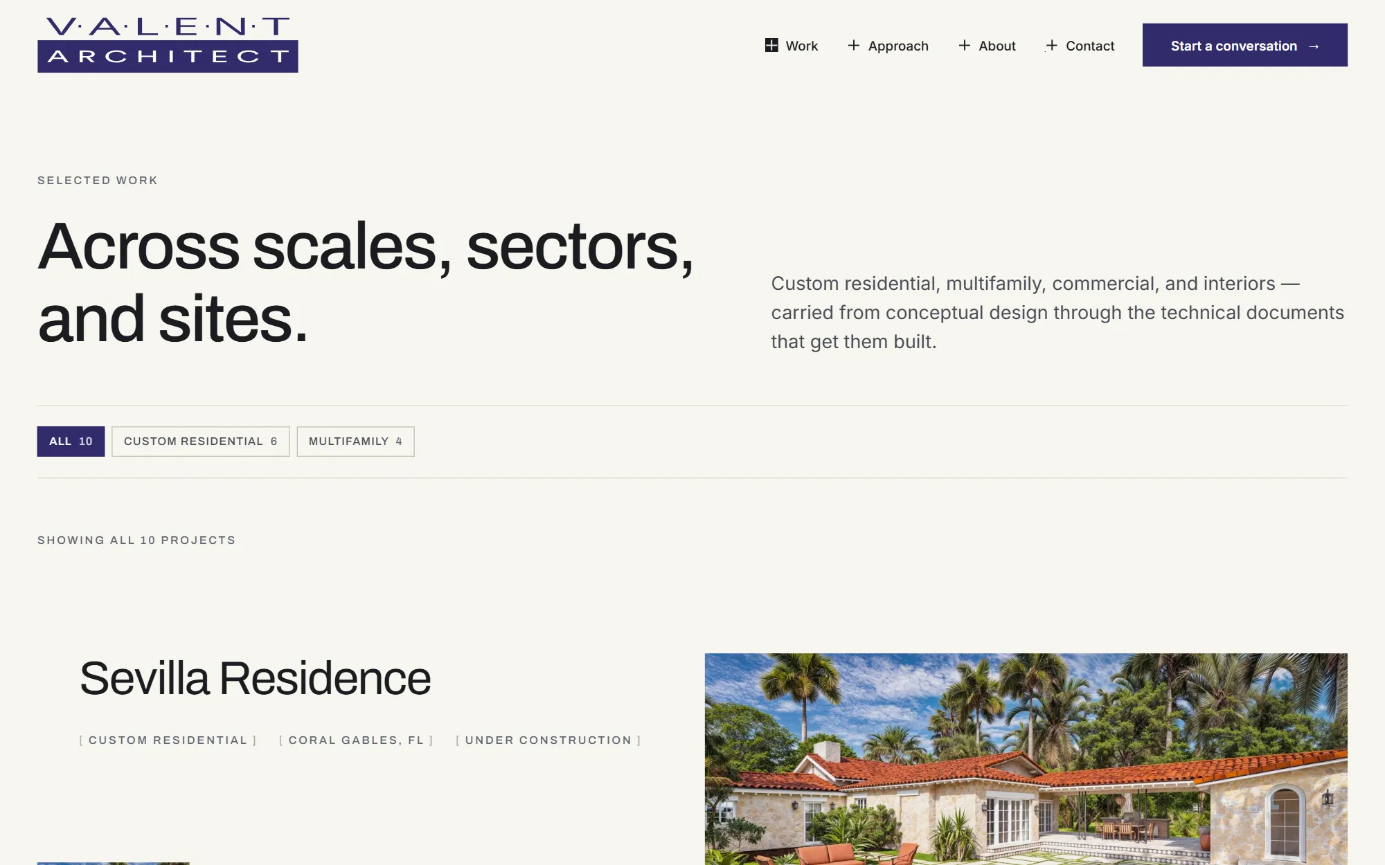 The Valent Architect work page headlined Across scales, sectors, and sites, with filters for all ten projects, custom residential and multifamily