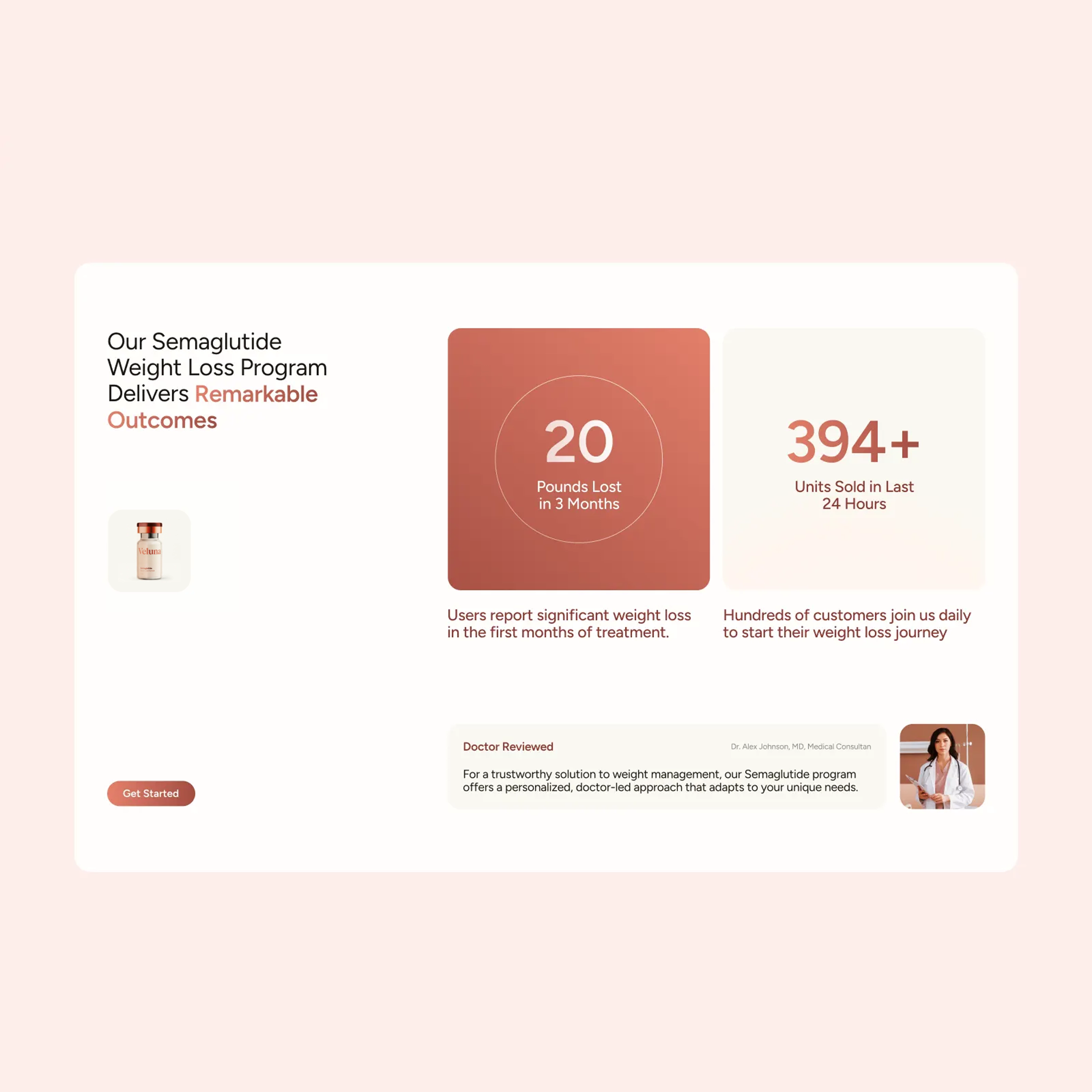 Desktop mockup of Veluna homepage with main headline, consultation CTA, and semaglutide product preview.