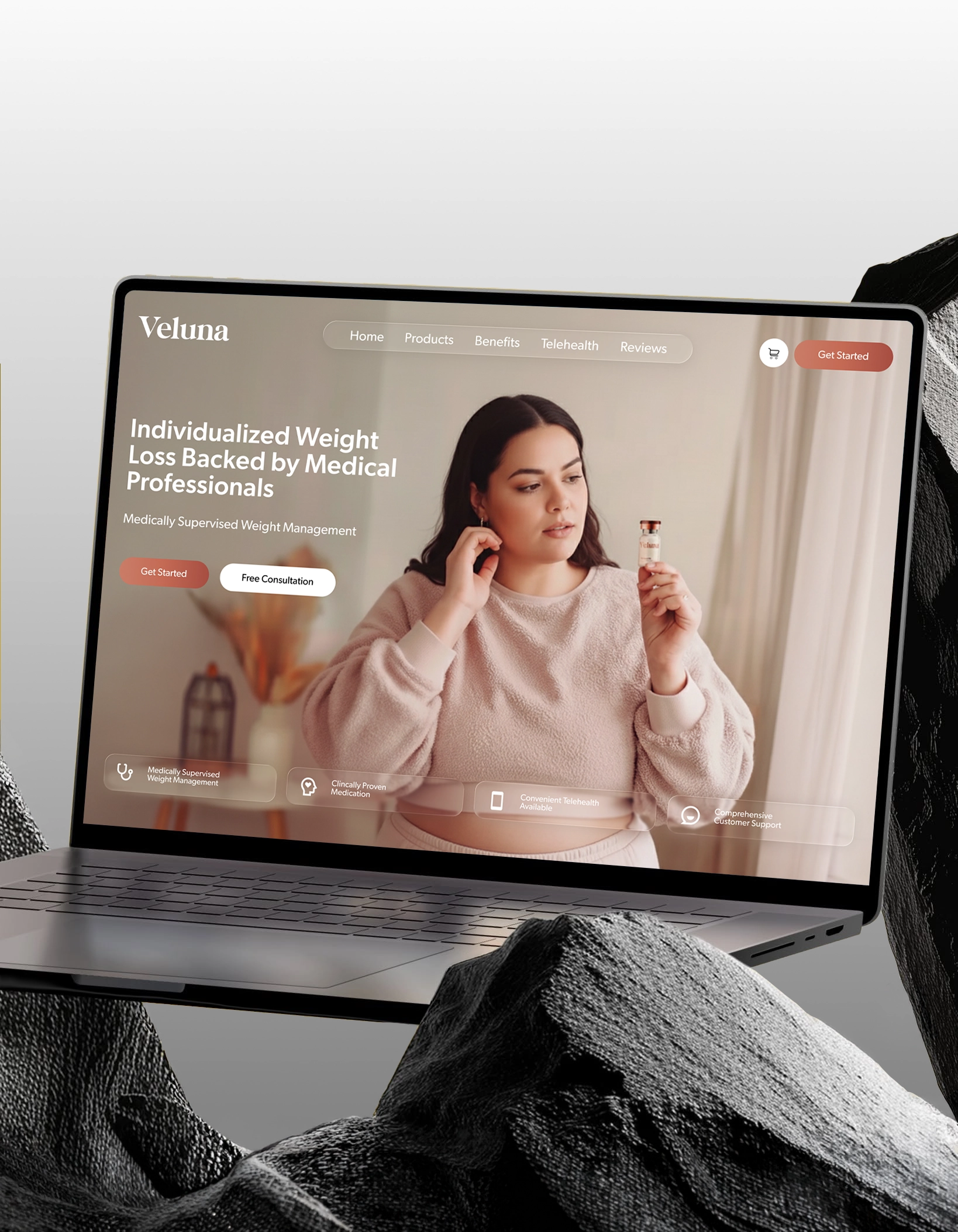 A clean, clinical eCommerce platform for a modern telehealth brand focused on individualized weight loss backed by medical professionals.