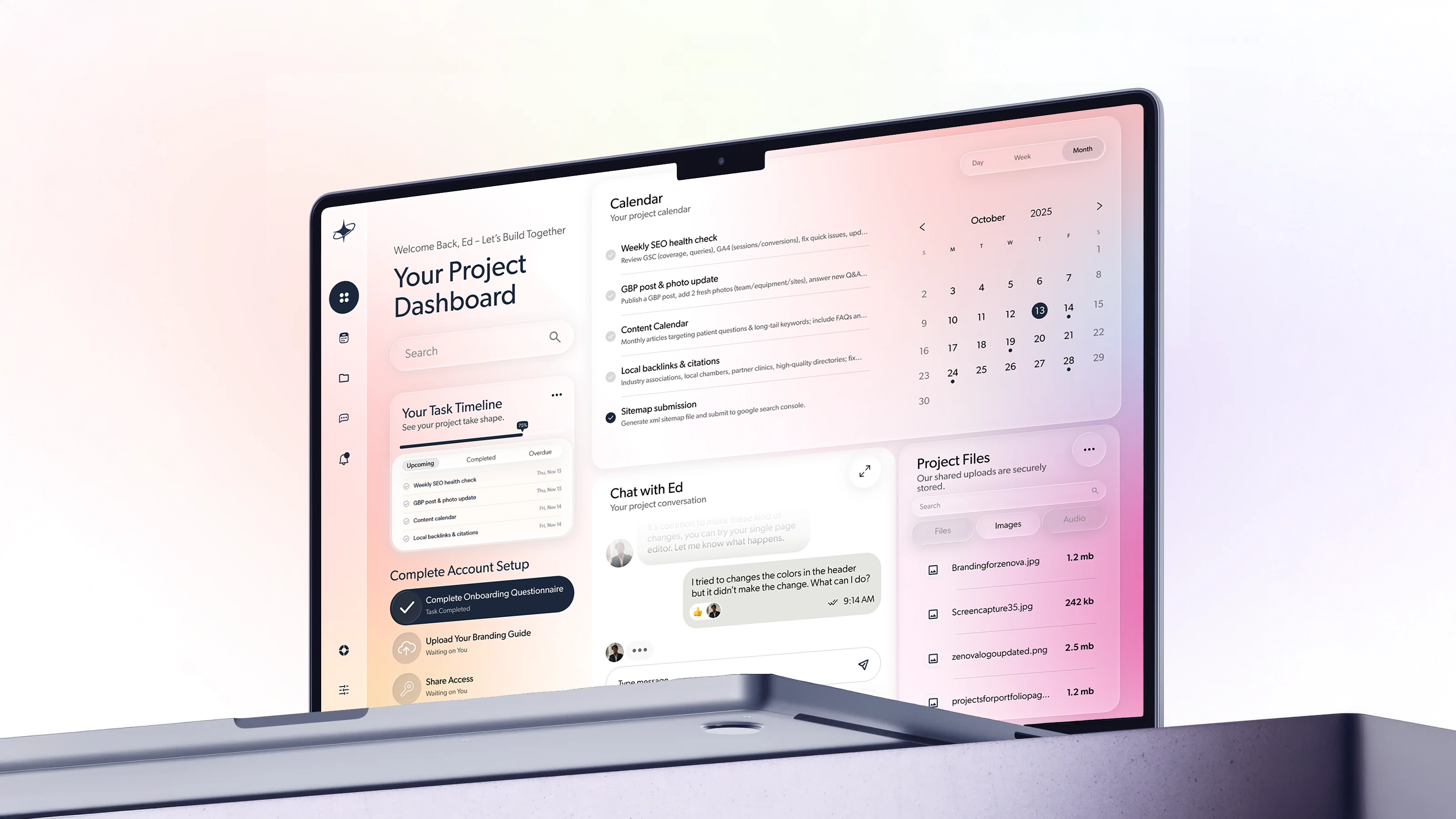 Close-up of Zenova’s project calendar UI showing tasks and deadlines for October 2025 in a clean, modern layout.