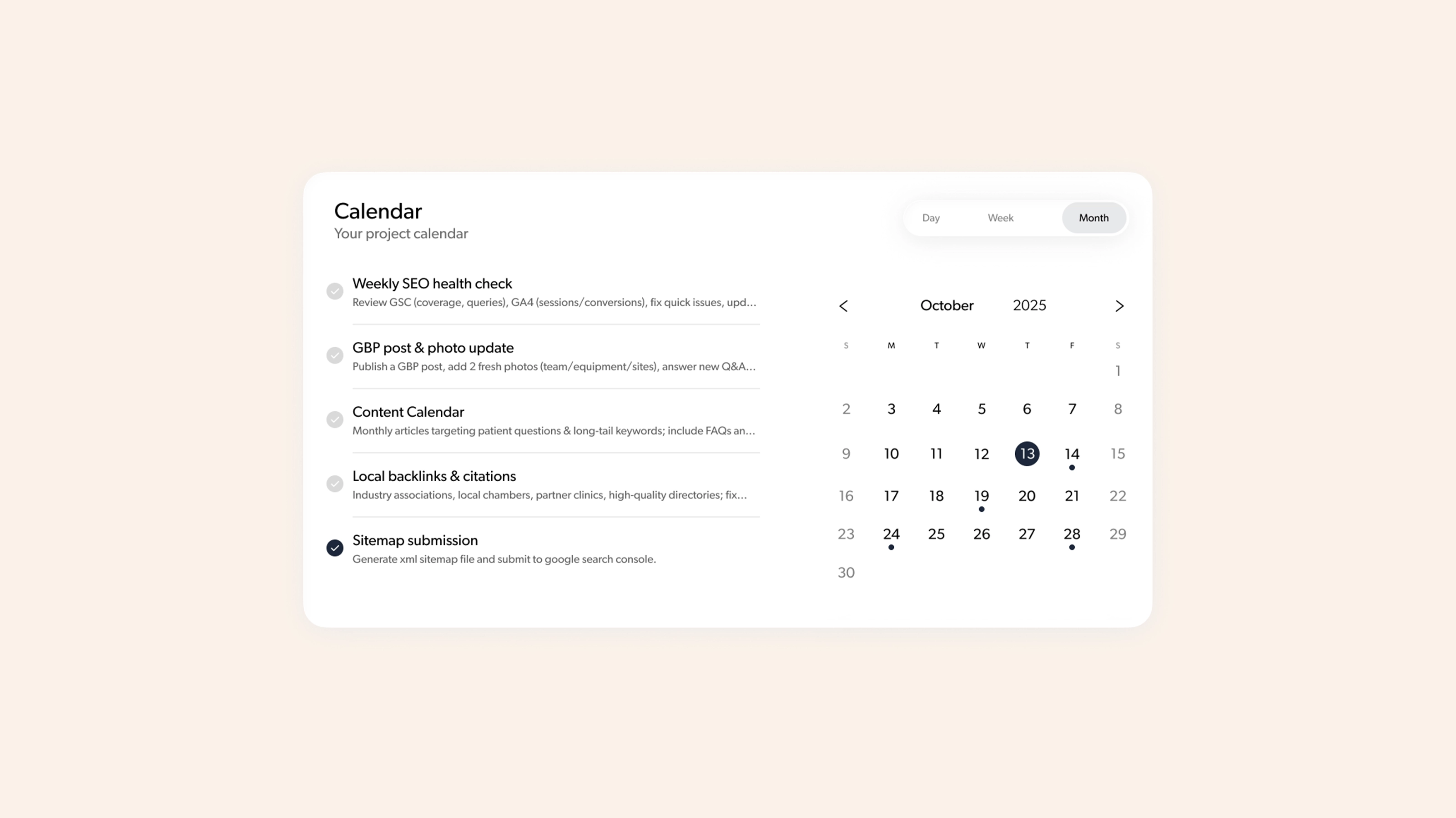 Zoomed-in view of Zenova’s task timeline and onboarding checklist with progress tracking for account setup.
