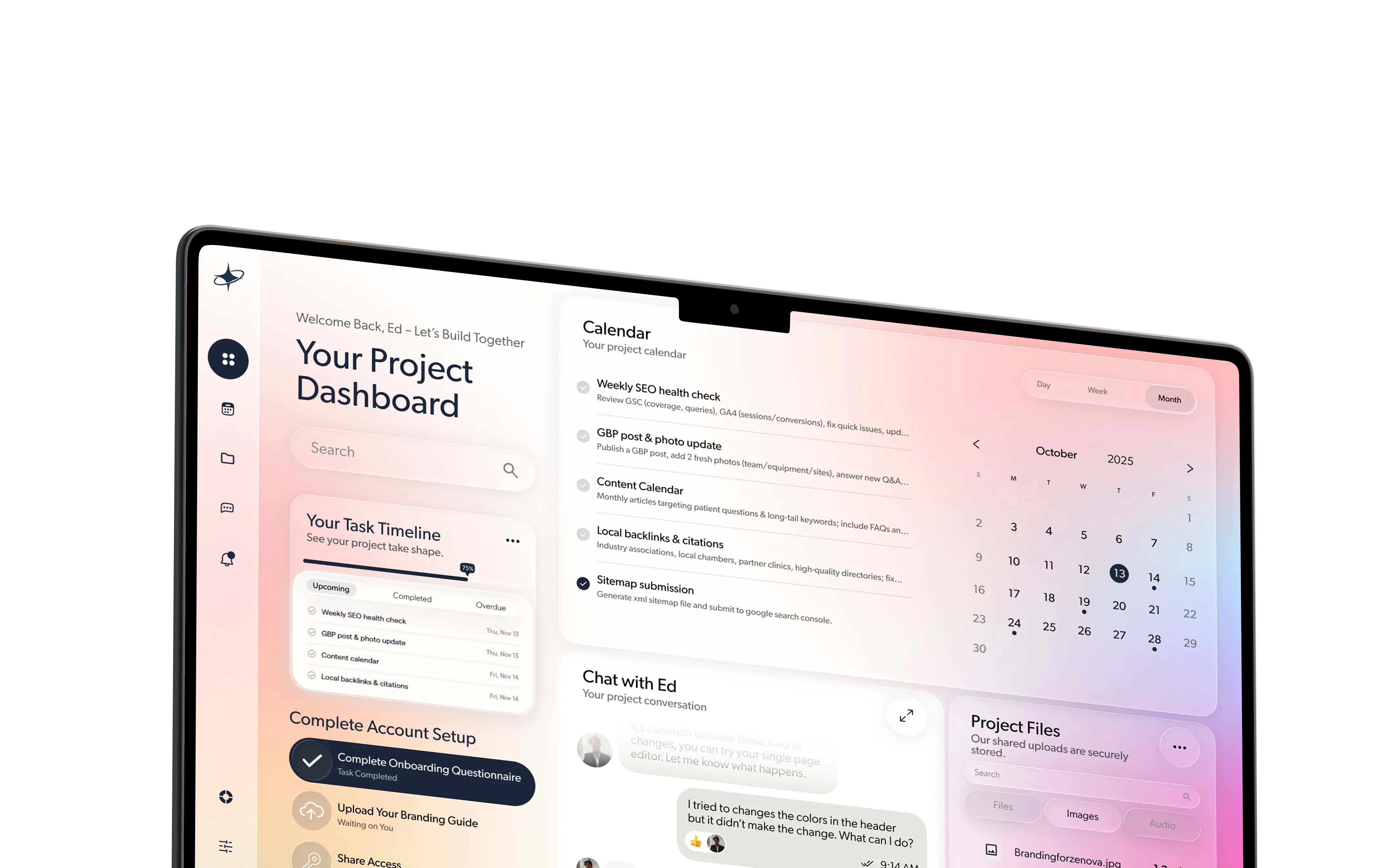 Angled laptop showing the Zenova client dashboard interface with task timeline, project calendar, chat, and file panels